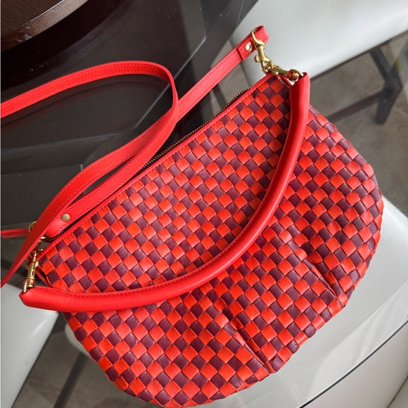 CLARE V Petit Moyen Bright Poppy & Bordeaux Woven Checker NWT - Picture 3 of 7